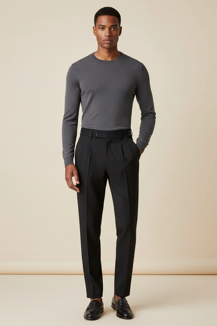 Pantalon À Pince Noir Plissé Élégant Homme Slim - Gabardine