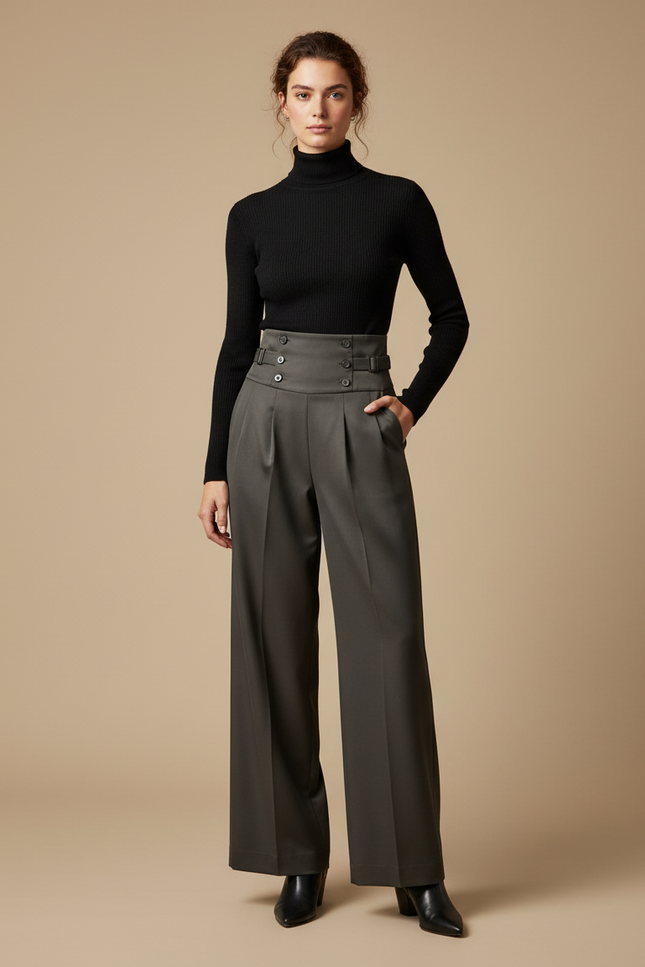 Pantalon À Pince Kaki Taille Haute Large Élégant - Gabardine
