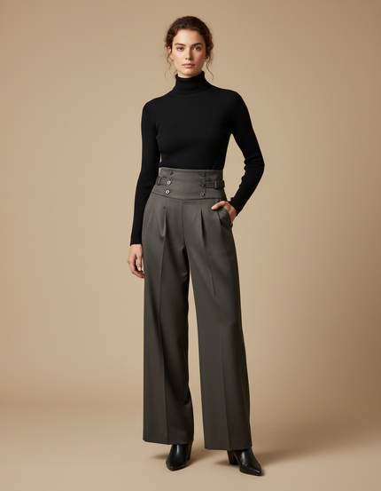 Pantalon À Pince Kaki Taille Haute Large Élégant - Gabardine