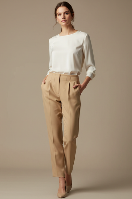 Pantalon À Pince Beige Taille Haute Élégant Femme - Gabardine
