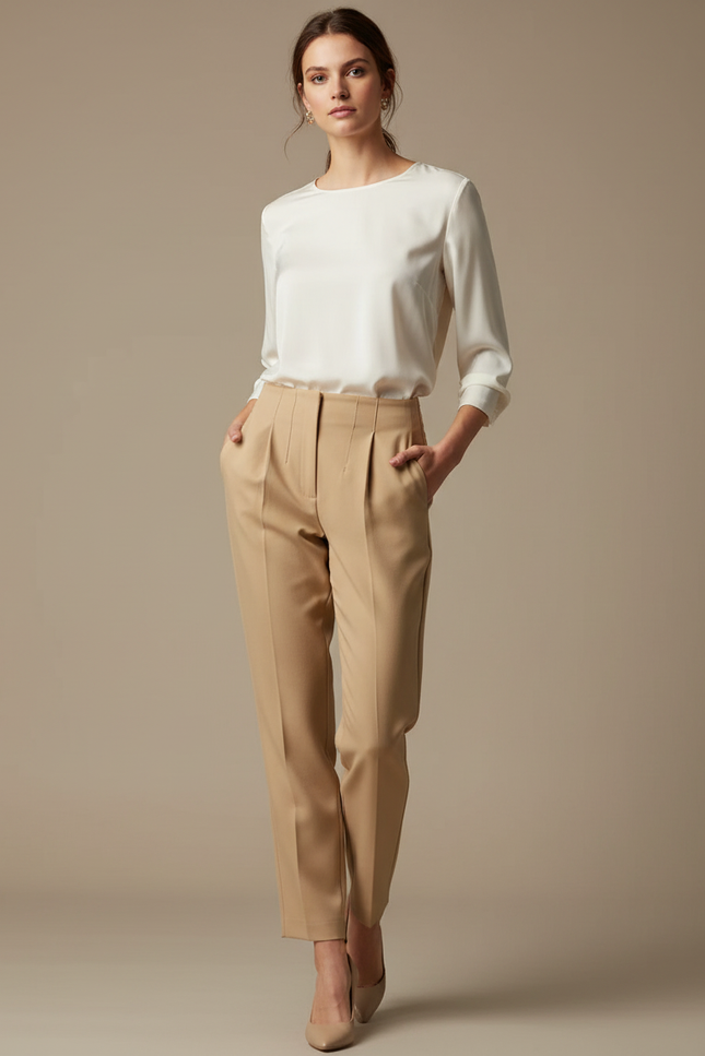 Pantalon À Pince Beige Taille Haute Élégant Femme - Gabardine