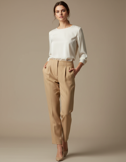 Pantalon À Pince Beige Taille Haute Élégant Femme - Gabardine