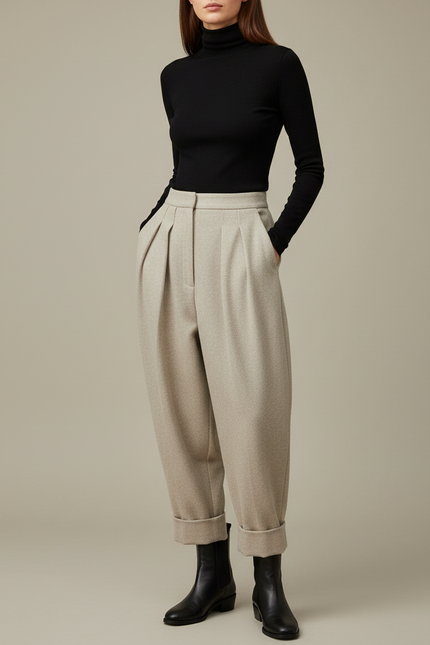 Pantalon À Pince Beige Plissé Ample Laine Hiver