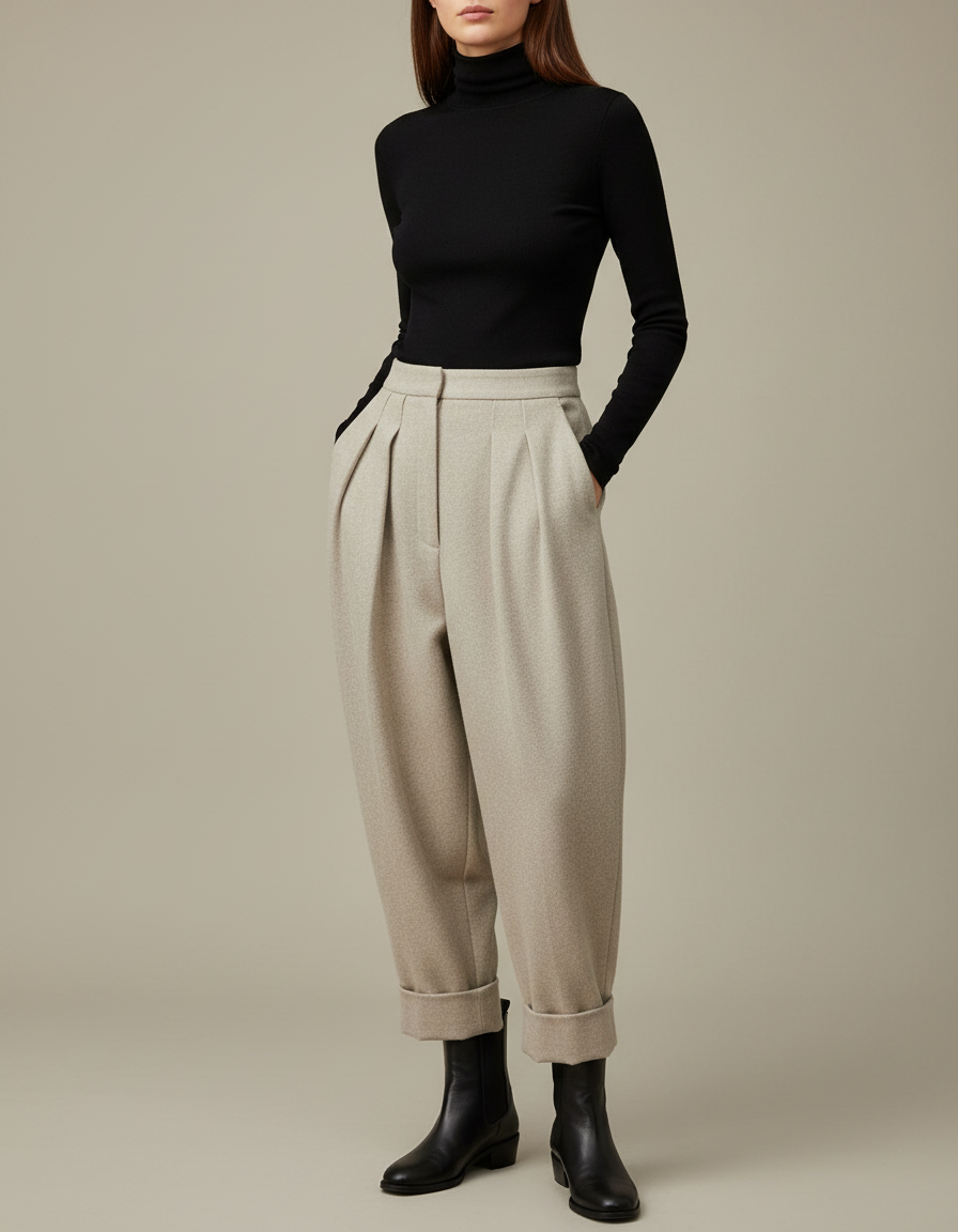 Pantalon À Pince Beige Plissé Ample Laine Hiver