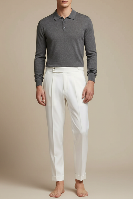 Pantalon À Pince Blanc Droit Taille Haute Élégant Homme - Gabardine