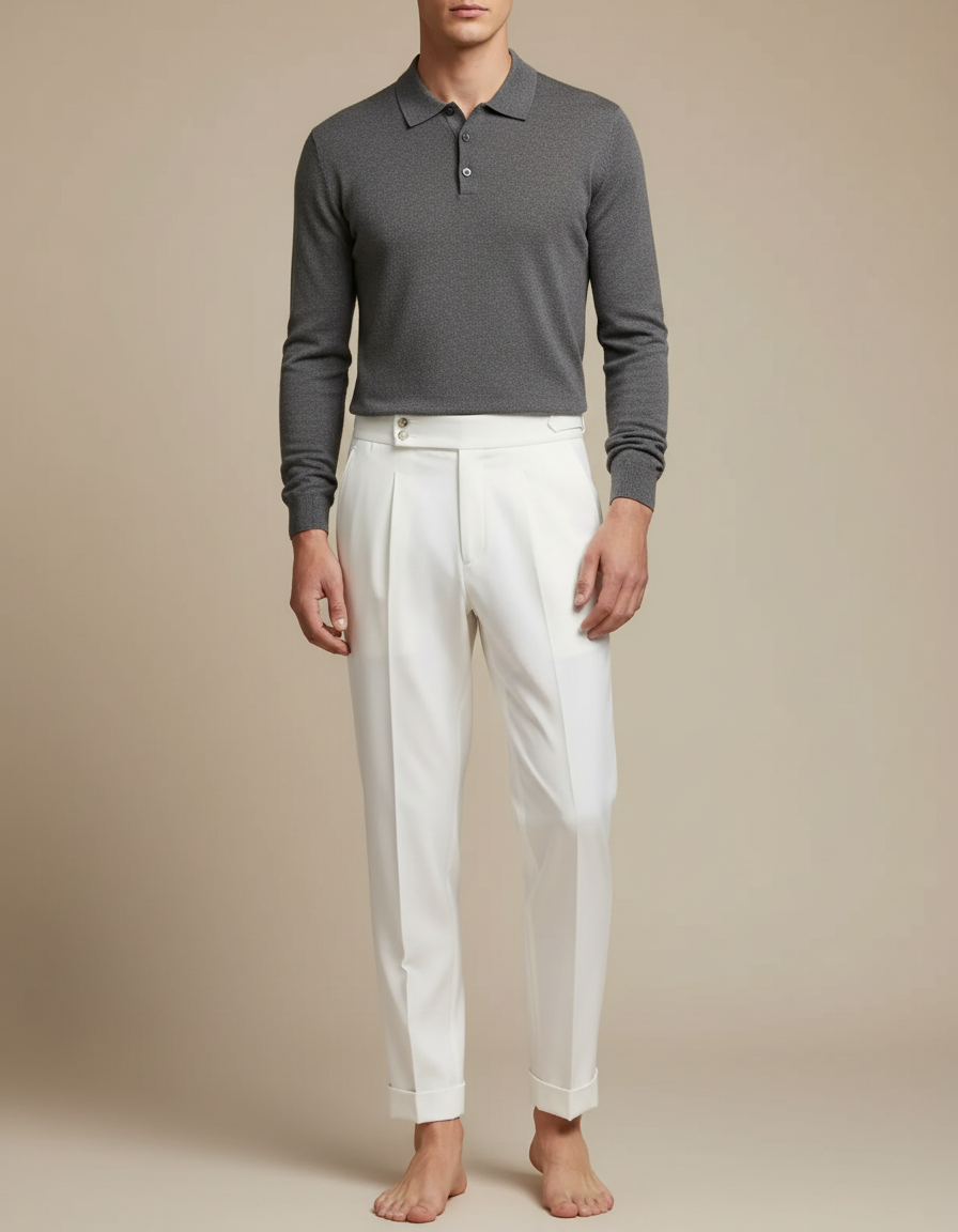 Pantalon À Pince Blanc Droit Taille Haute Élégant Homme - Gabardine
