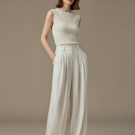 Pantalon À Pince Blanc Cassé Rayé Fluide Ample Élégant - Lin