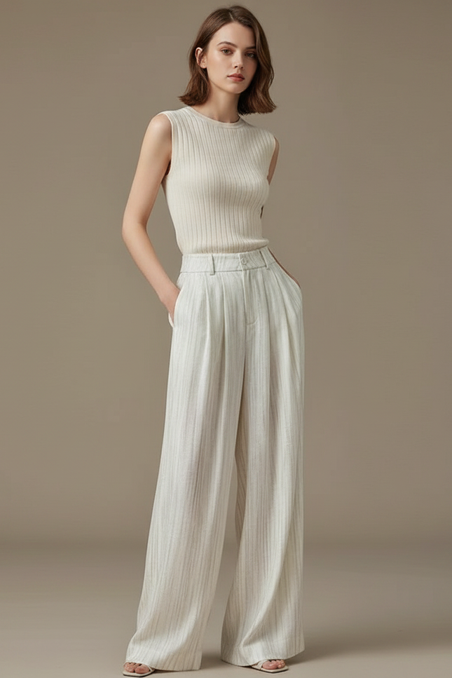 Pantalon À Pince Blanc Cassé Rayé Fluide Ample Élégant - Lin