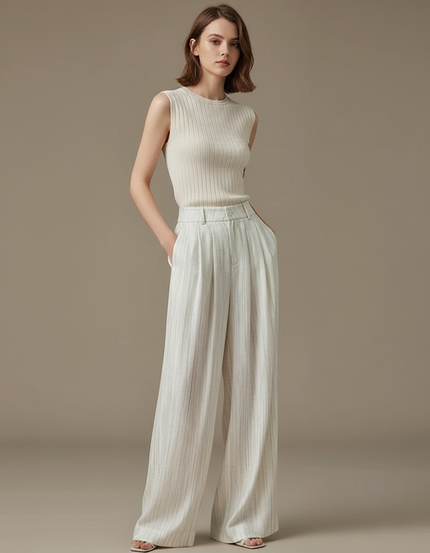 Pantalon À Pince Blanc Cassé Rayé Fluide Ample Élégant - Lin