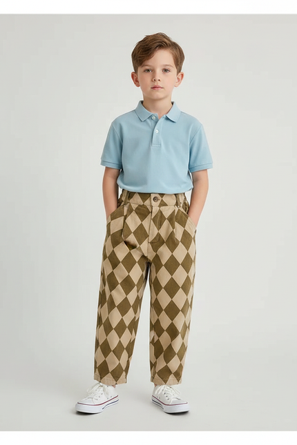 Pantalon À Pince Losanges Marron Beige Ample Enfant Coton - Imprimé