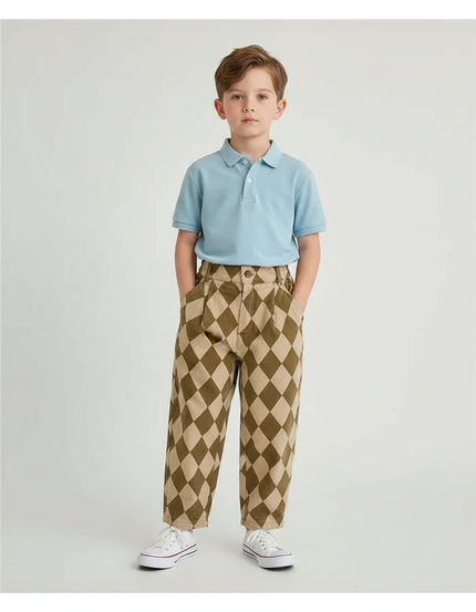 Pantalon À Pince Losanges Marron Beige Ample Enfant Coton - Imprimé