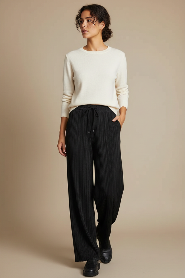 Pantalon À Pince Noir Plissé Ample Fluide Femme - Polyester