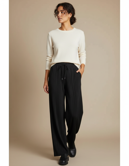 Pantalon À Pince Noir Plissé Ample Fluide Femme - Polyester
