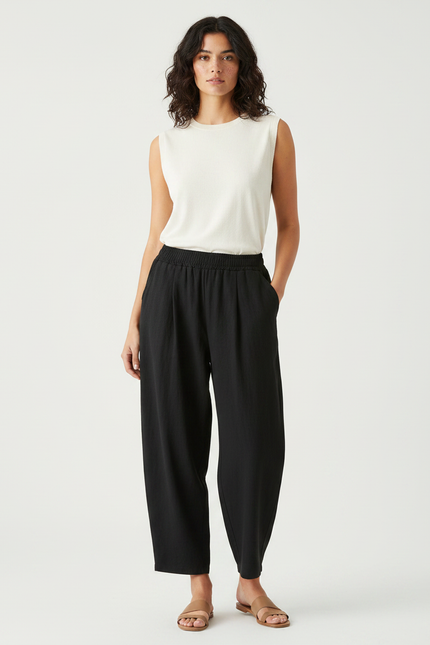 Pantalon À Pince Noir Ample Lin Décontracté Femme