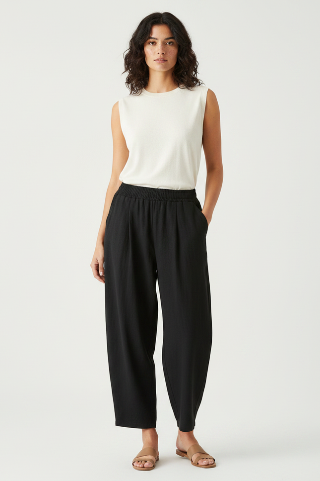 Pantalon À Pince Noir Ample Lin Décontracté Femme