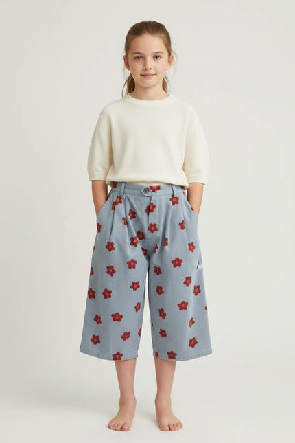 Pantalon À Pince Bleu Ciel Fleurs Rouges Ample - Cordé