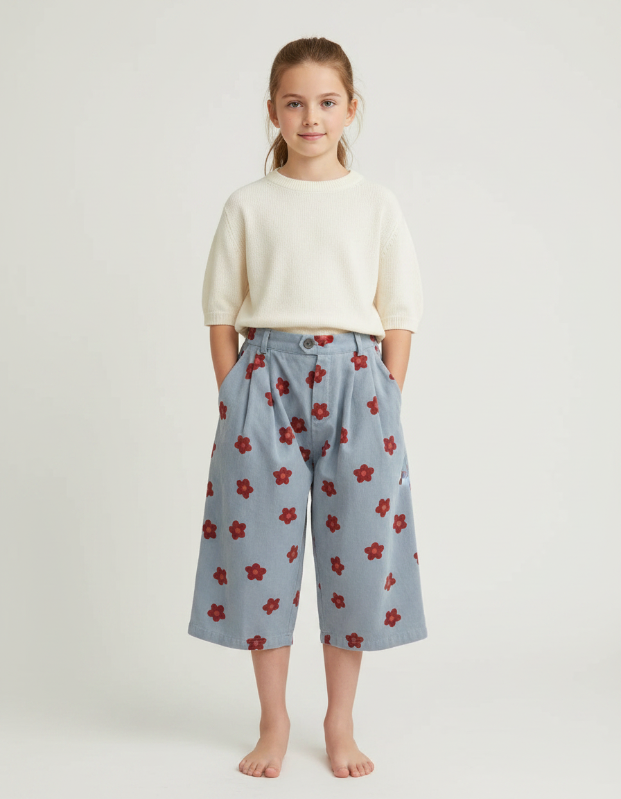 Pantalon À Pince Bleu Ciel Fleurs Rouges Ample - Cordé