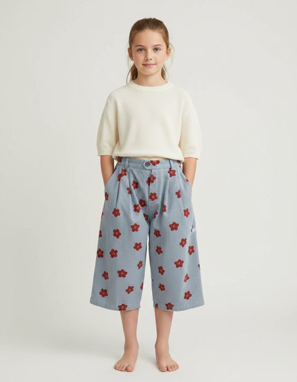 Pantalon À Pince Bleu Ciel Fleurs Rouges Ample - Cordé