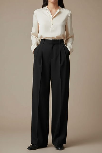 Pantalon À Pince Noir Large Fluide Élégant Femme - Viscose