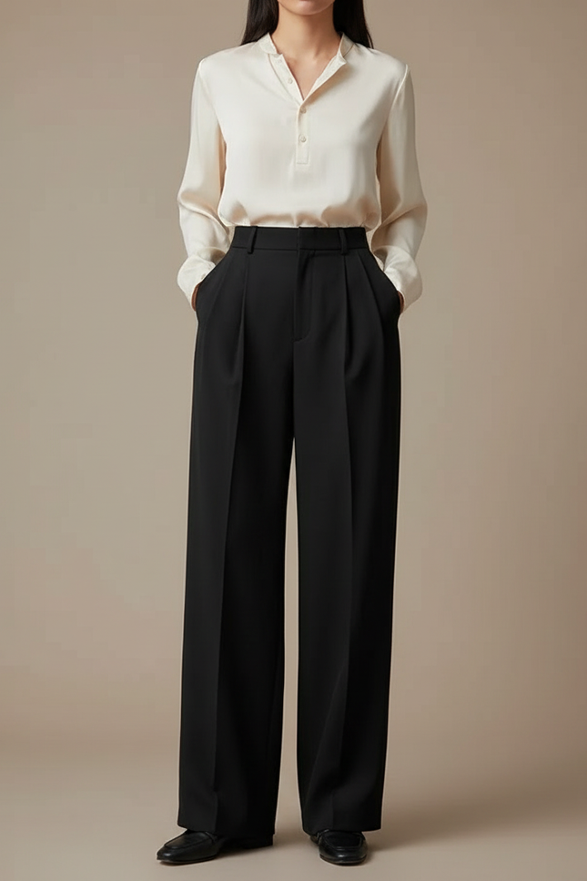 Pantalon À Pince Noir Large Fluide Élégant Femme - Viscose
