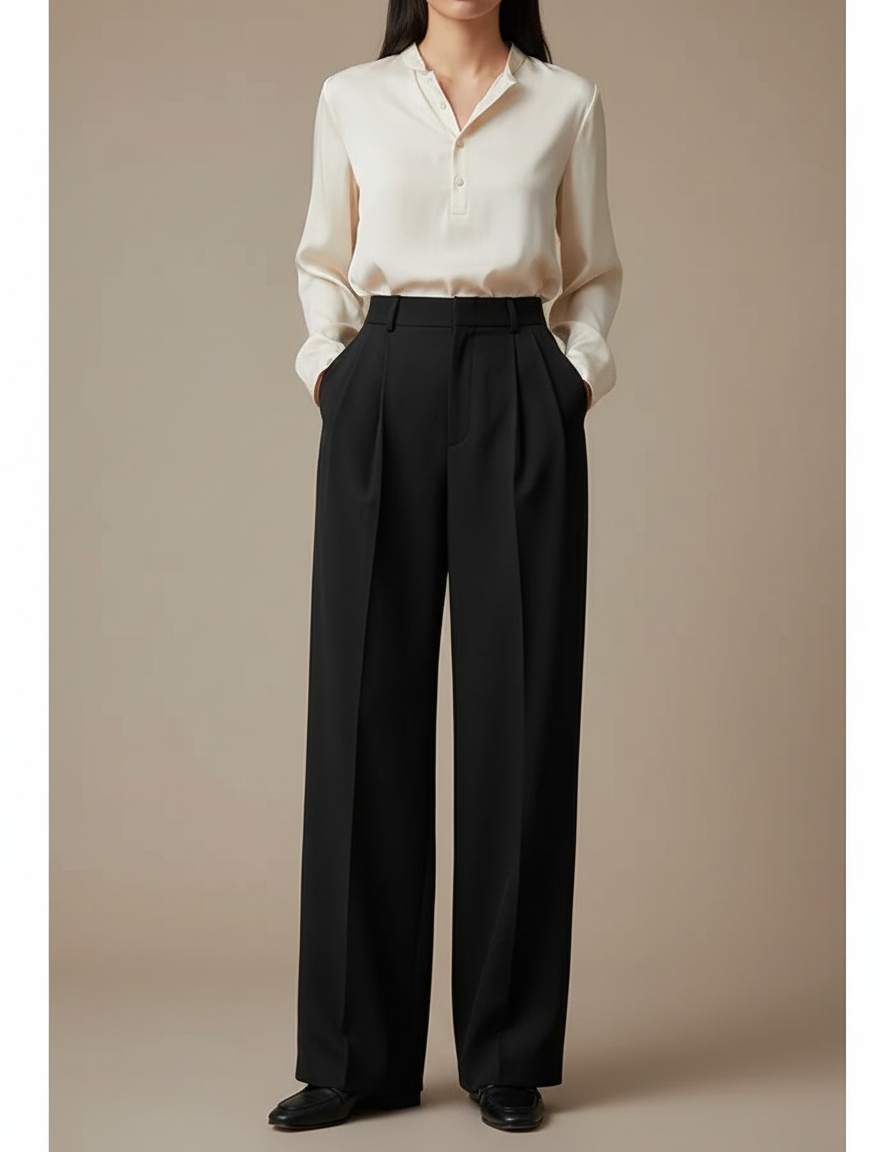 Pantalon À Pince Noir Large Fluide Élégant Femme - Viscose