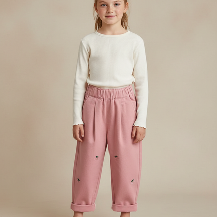 Pantalon À Pince Rose Brodé Ample Fille Coton - Molleton