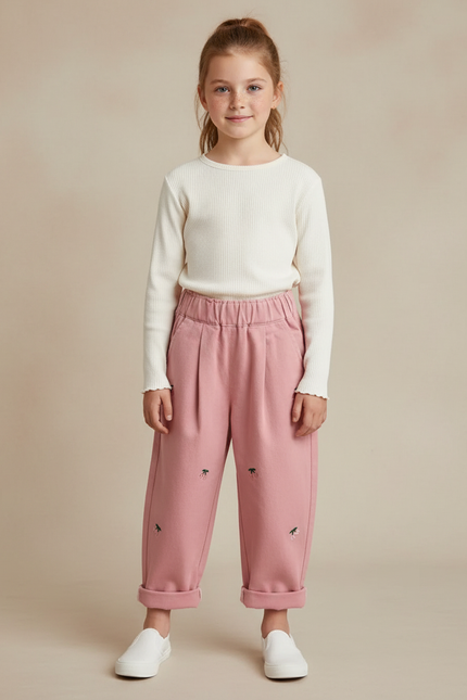 Pantalon À Pince Rose Brodé Ample Fille Coton - Molleton