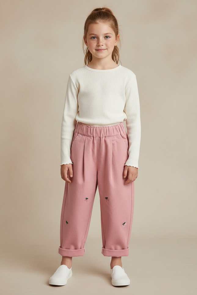 Pantalon À Pince Rose Brodé Ample Fille Coton - Molleton