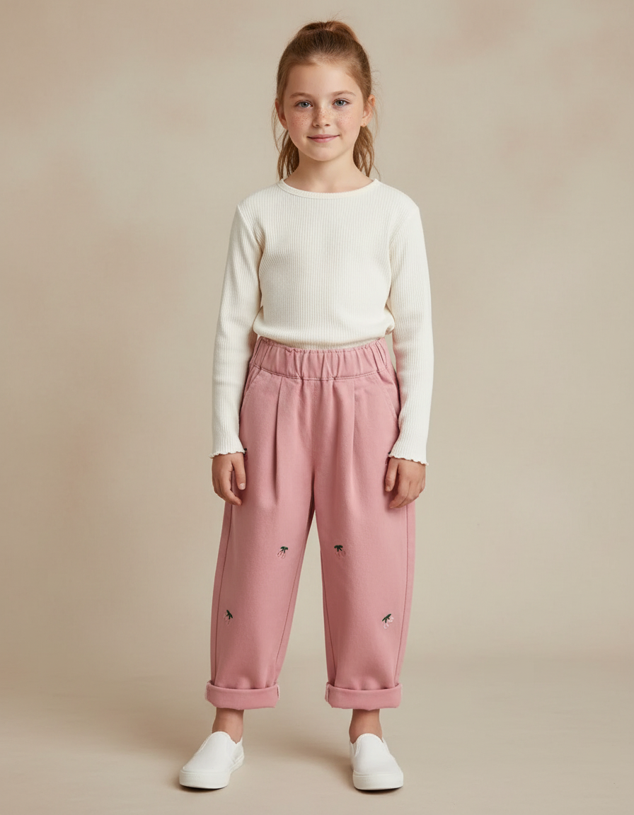 Pantalon À Pince Rose Brodé Ample Fille Coton - Molleton