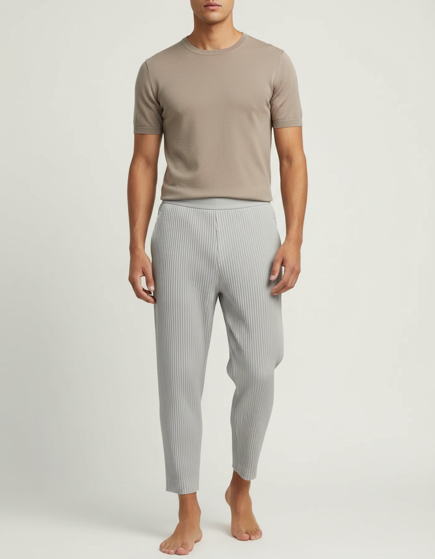 Pantalon À Pince Gris Plissé Fluide Décontracté Homme - Polyester