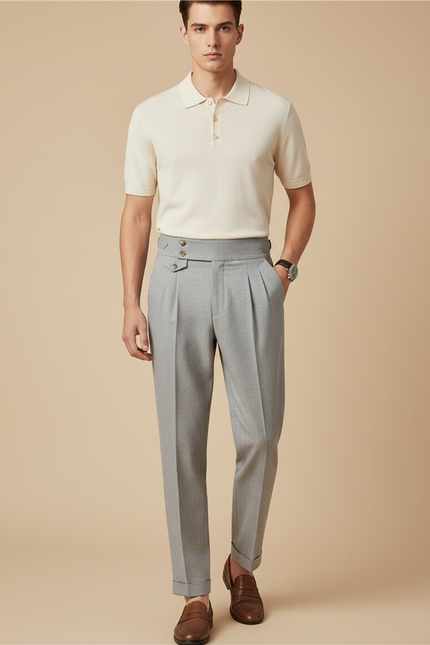 Pantalon À Pince Gris Plissé Taille Haute Élégant - Laine