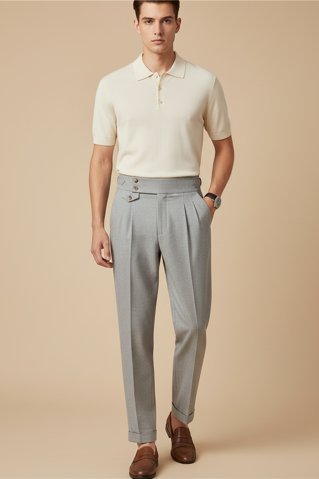 Pantalon À Pince Gris Plissé Taille Haute Élégant - Laine