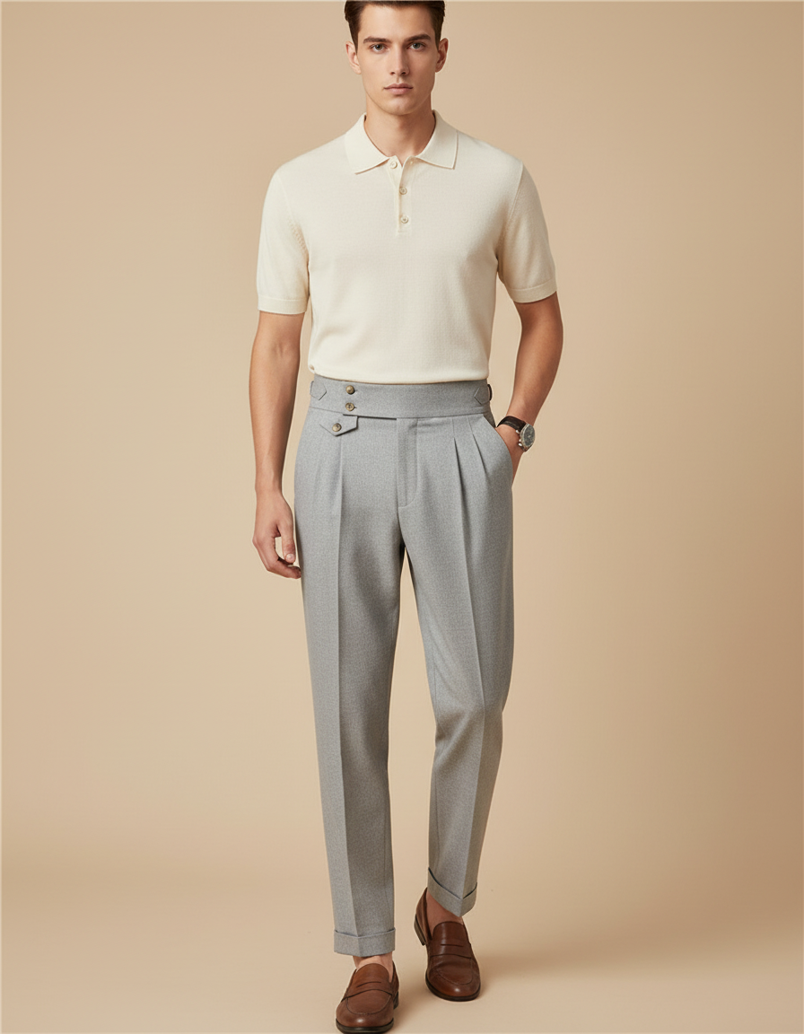Pantalon À Pince Gris Plissé Taille Haute Élégant - Laine