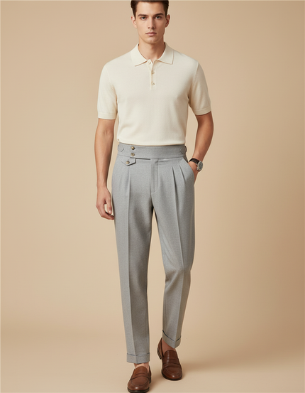 Pantalon À Pince Gris Plissé Taille Haute Élégant - Laine