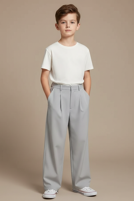 Pantalon À Pince Gris Droit Ample Décontracté Garçon - Polyester