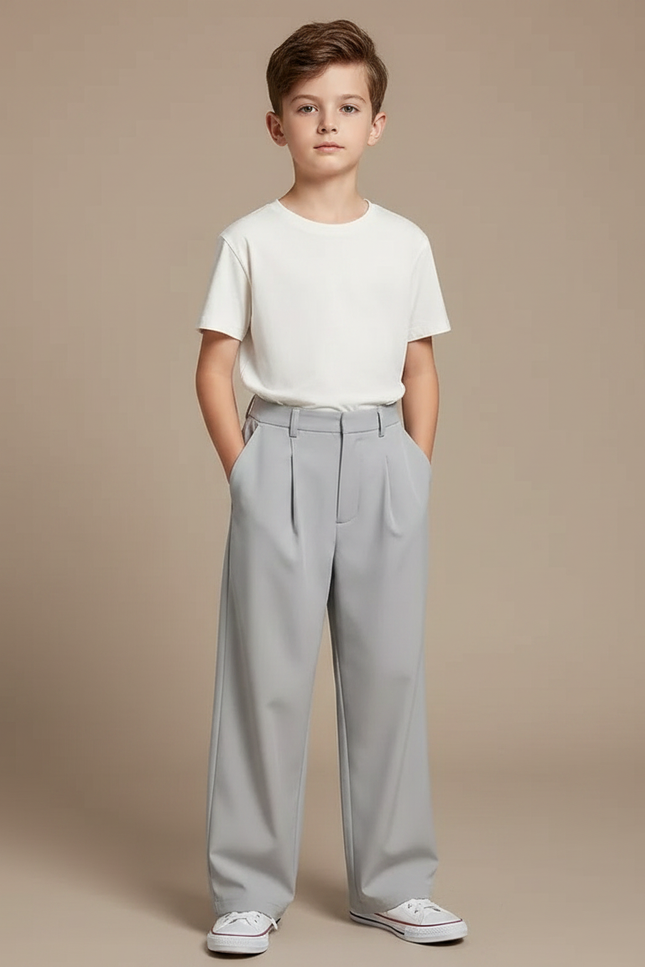 Pantalon À Pince Gris Droit Ample Décontracté Garçon - Polyester