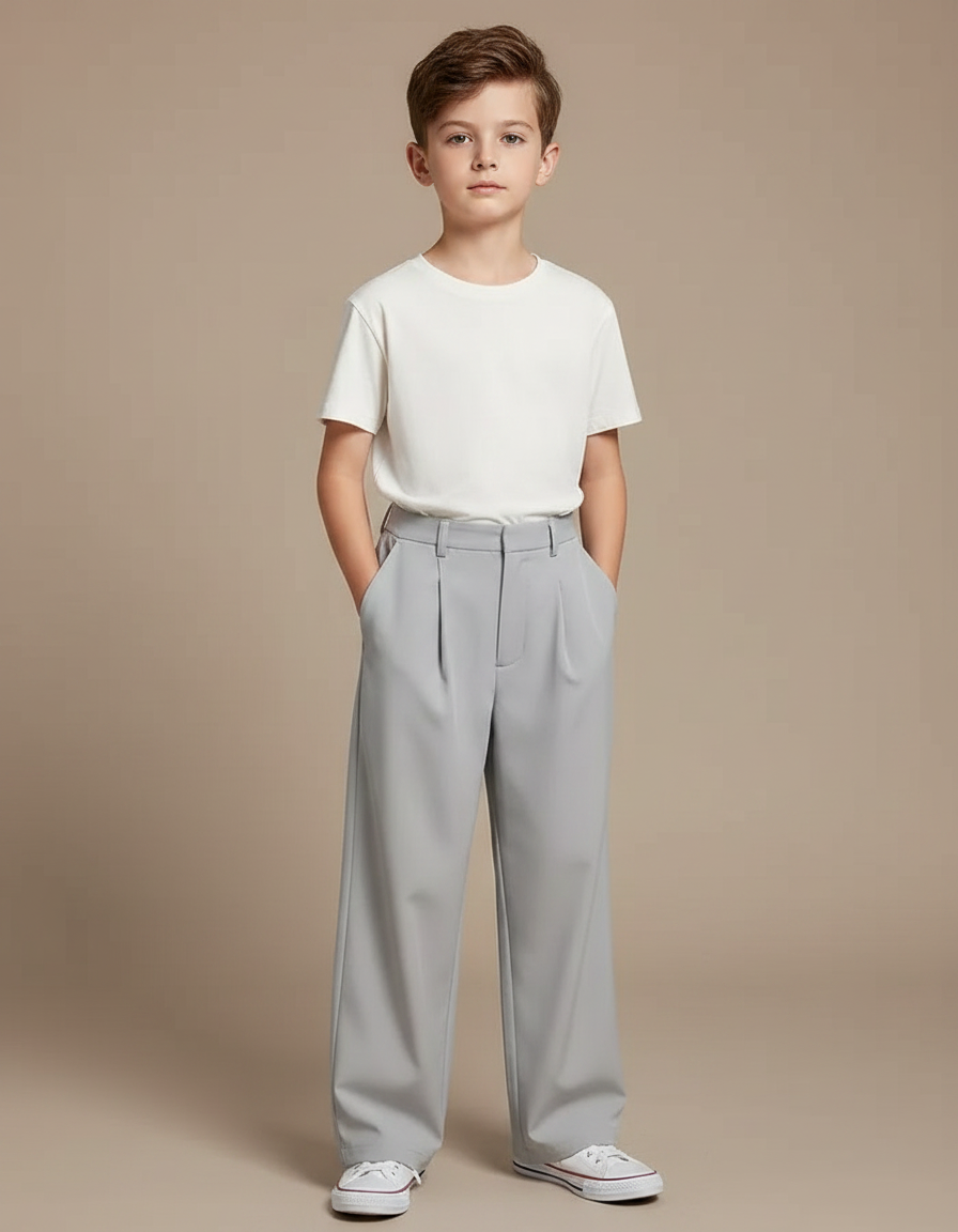 Pantalon À Pince Gris Droit Ample Décontracté Garçon - Polyester