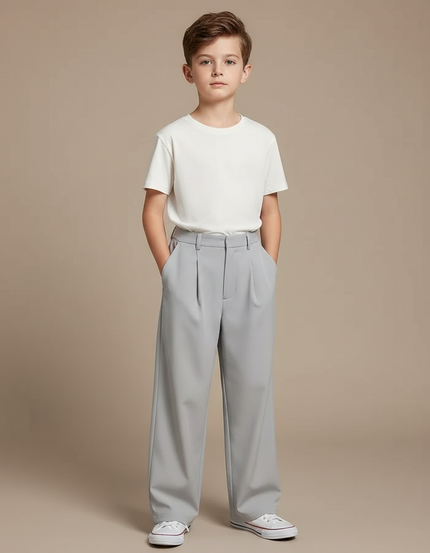 Pantalon À Pince Gris Droit Ample Décontracté Garçon - Polyester