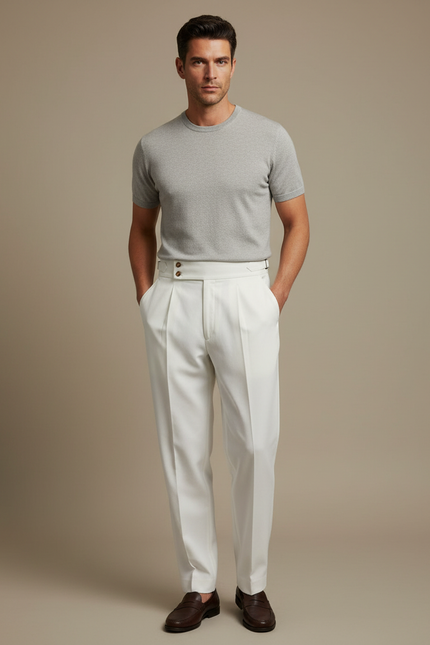 Pantalon À Pince Blanc Plissé Taille Haute Droit Homme - Gabardine