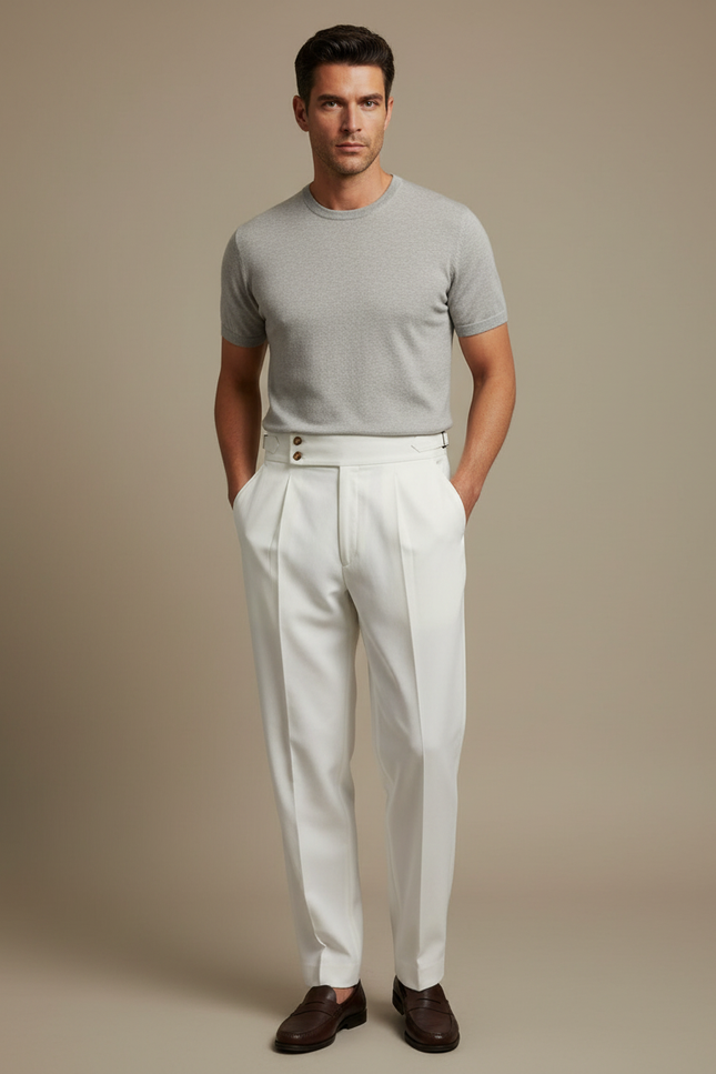 Pantalon À Pince Blanc Plissé Taille Haute Droit Homme - Gabardine