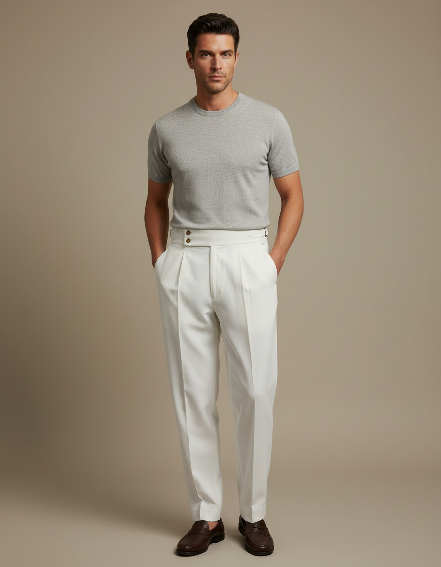 Pantalon À Pince Blanc Plissé Taille Haute Droit Homme - Gabardine