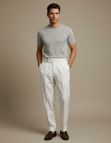 Pantalon À Pince Blanc Plissé Taille Haute Droit Homme - Gabardine