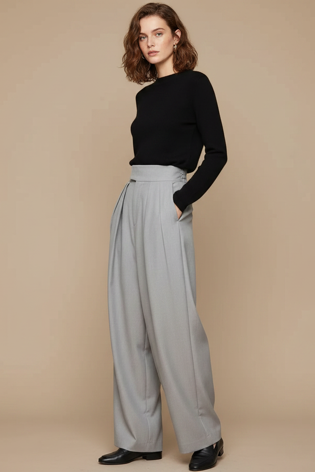 Pantalon À Pince Gris Ample Plissé Décontracté - Gabardine
