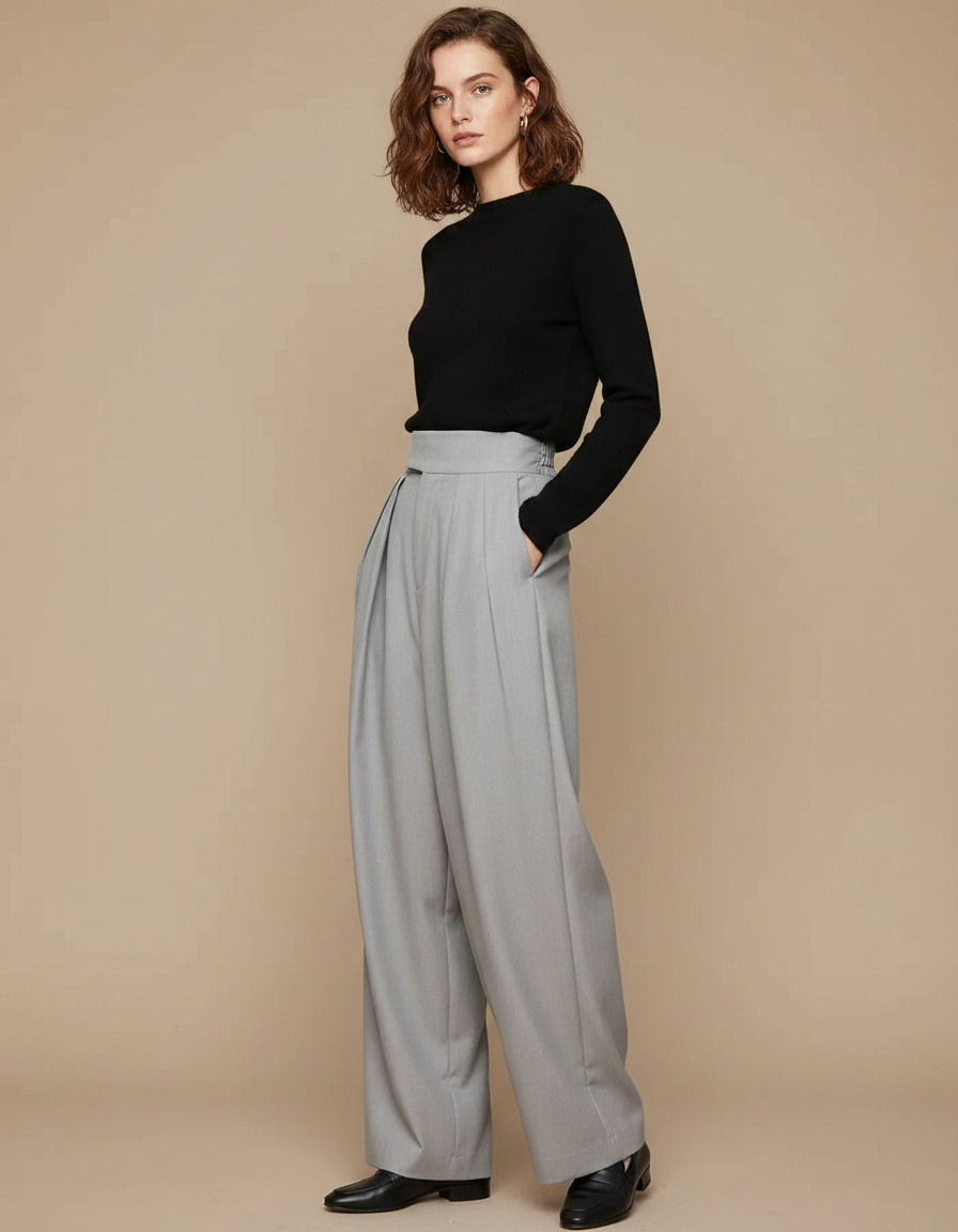 Pantalon À Pince Gris Ample Plissé Décontracté - Gabardine