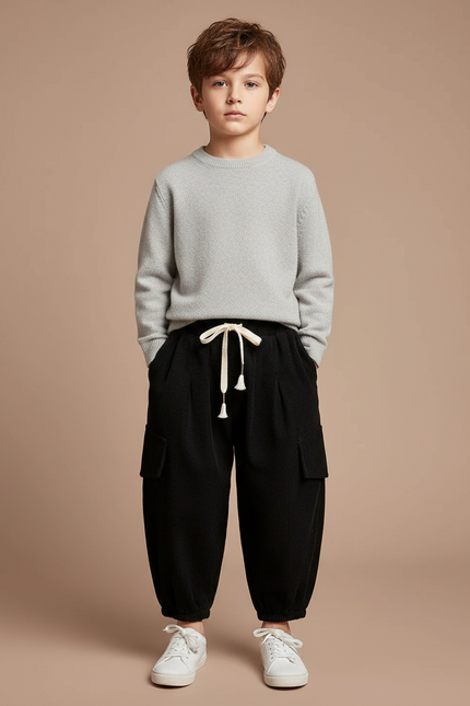 Pantalon À Pince Noir Côtelé Ample Enfant - Cordé