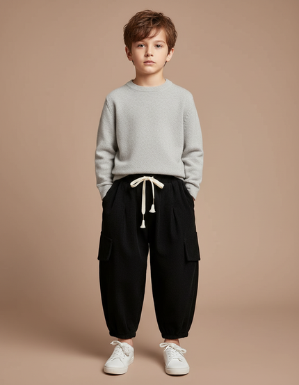 Pantalon À Pince Noir Côtelé Ample Enfant - Cordé