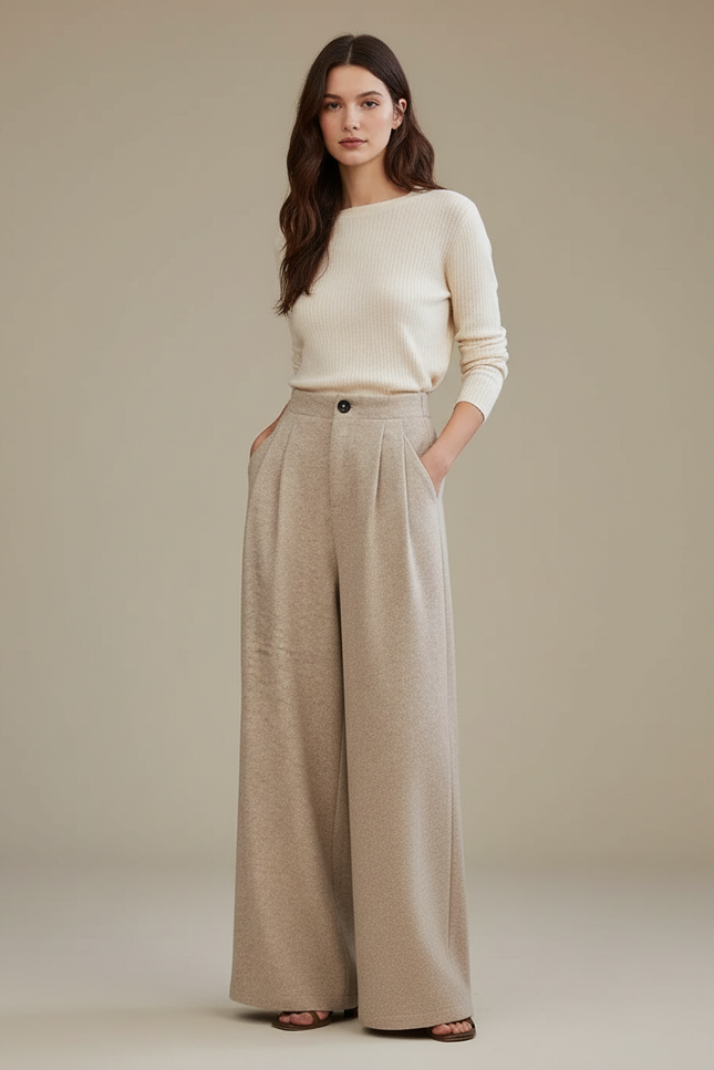 Pantalon Taille Haute À Pince Femme - Beige Maille