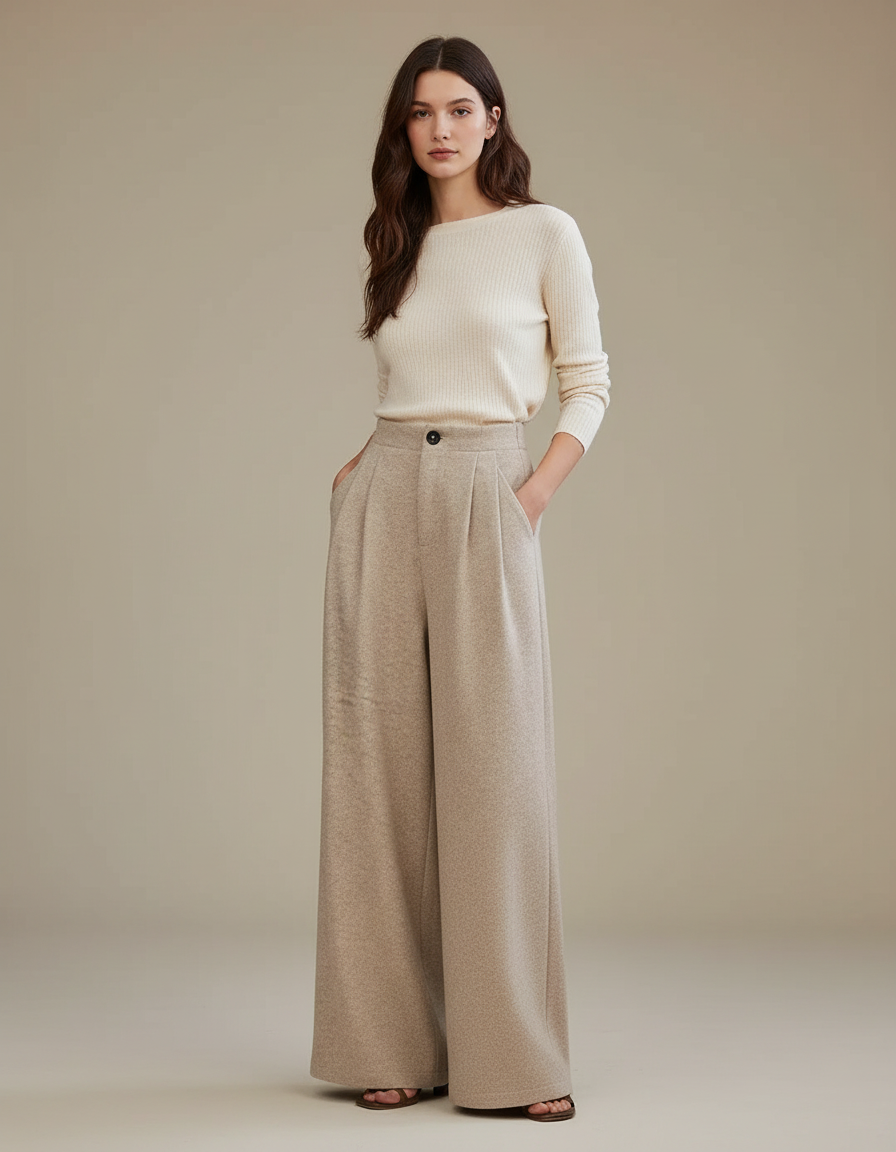 Pantalon Taille Haute À Pince Femme - Beige Maille