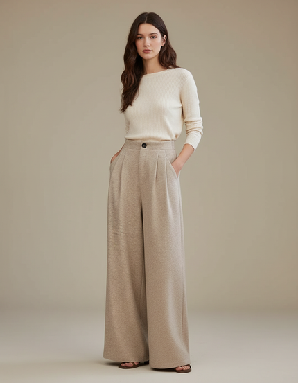 Pantalon Taille Haute À Pince Femme - Beige Maille