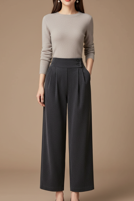 Pantalon À Pince Gris Plissé Ample Taille Haute - Cordé